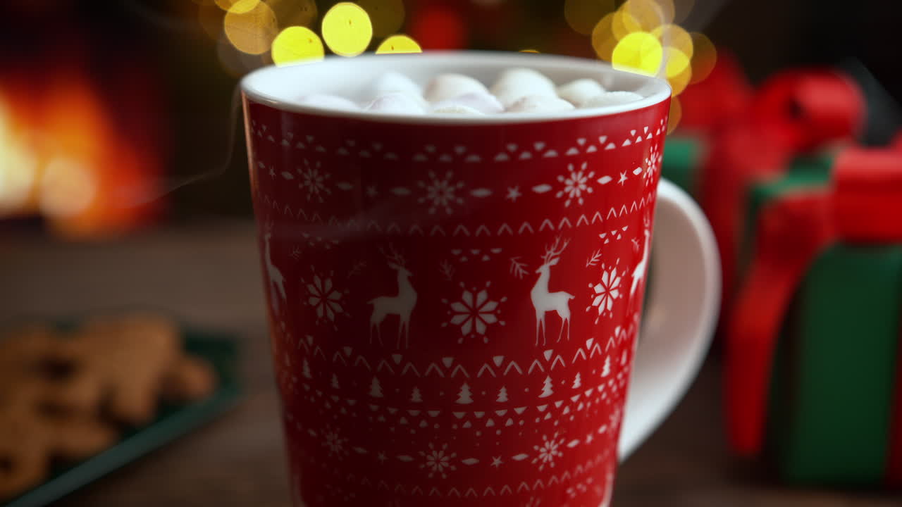 Marshmallows Dropping in Slow Motion Into A Red Mug Of Hot Chocolate With A Christmas Reindeer Pattern