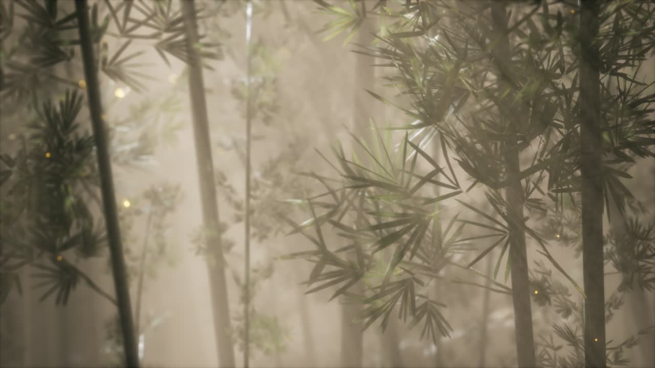 bosque de bambú asiático con tiempo de niebla matutina