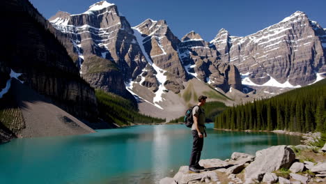 hiker at maligne lake in the canadian rockies