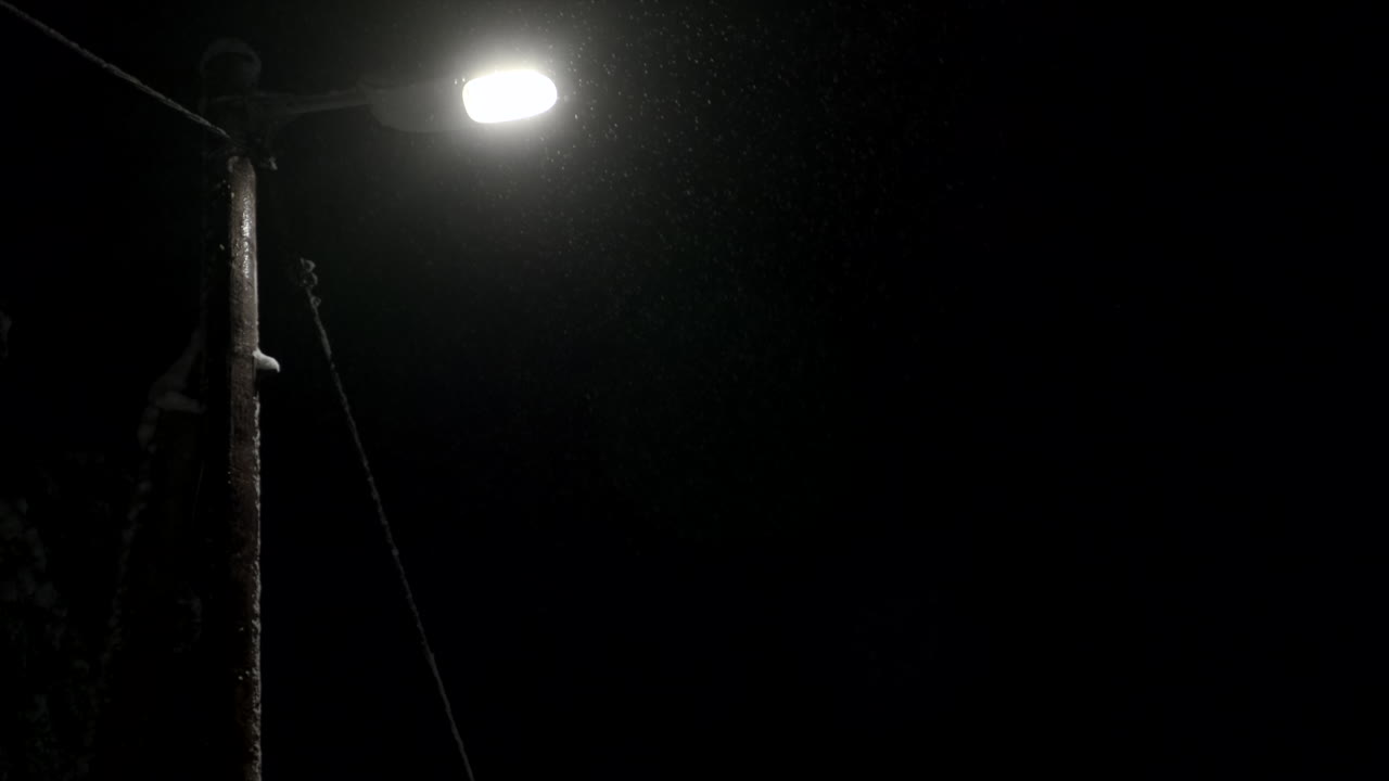 4K Slowmo Under A Street Lamp Light Post With Snow Falling Down, in the forest