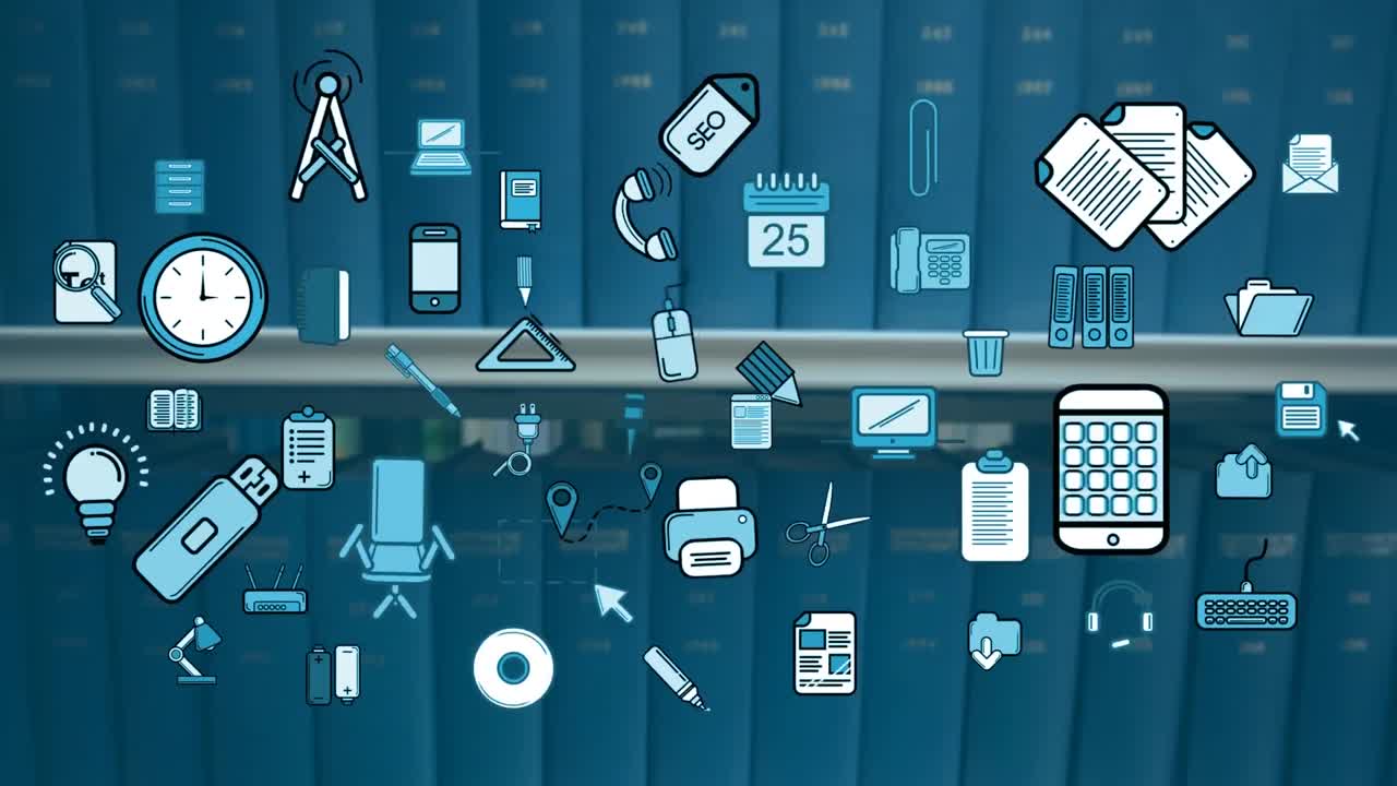 iconos coloridos de artículos de oficina fuera de foco estanterías en el fondo