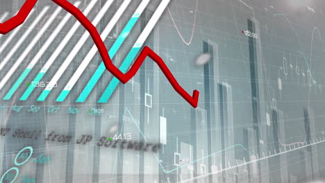 animation of statistics and financial data processing with red line over grid