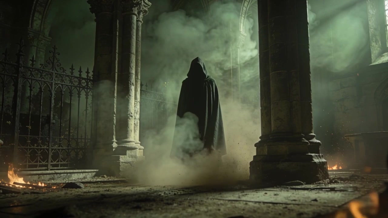 Figura incappucciata e ammantata che emerge scendendo tra colonne di pietra, mentre il mantello ondeggia e la nebbia vortica.
