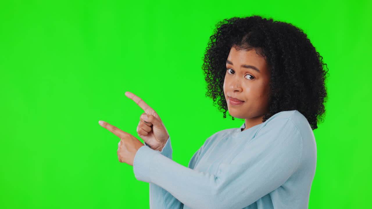 Woman, pointing or green screen for advertising