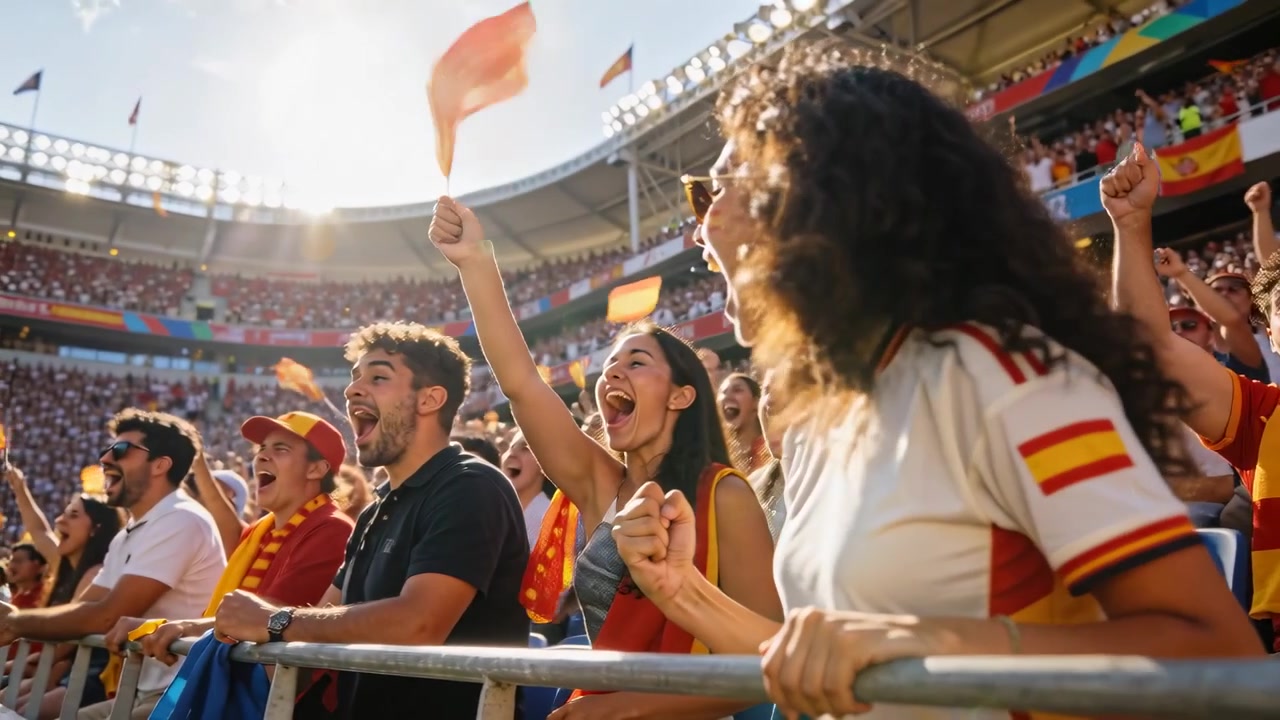Aficionado inclinado con camiseta levantando la barbilla apoyando al equipo, la cámara se aleja sobre las banderas del estadio, espacio para texto.