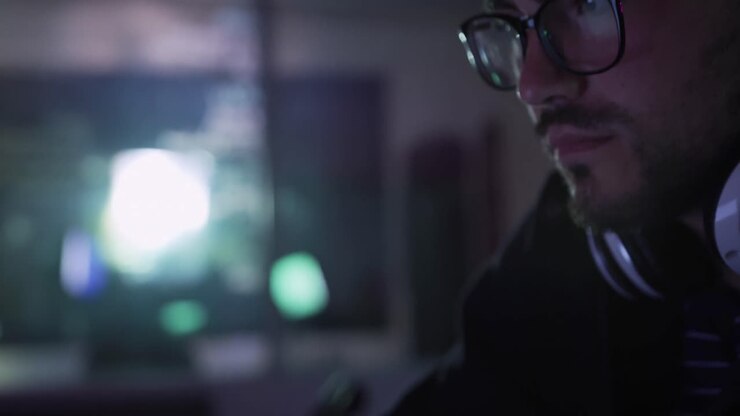 Caucasian man typing on computer keyboard in creative office