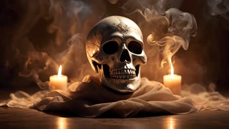cráneo adornado con velas y humo