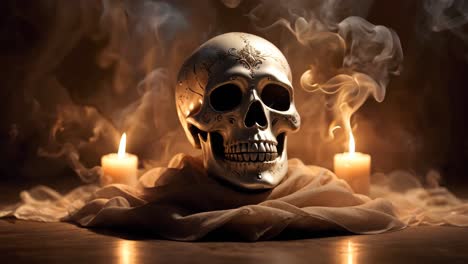 ornate skull with candles and smoke