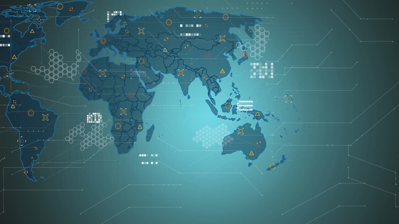 animación de la red de conexiones y procesamiento de datos sobre el mapa del mundo