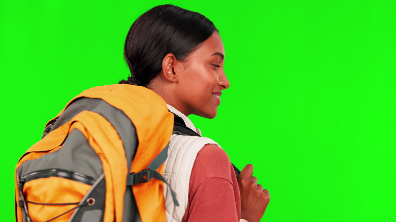 Hiking, smile and turn with a woman on a green