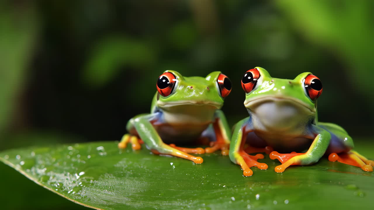 Two Red-eyed Tree Frogs on a Green Leaf