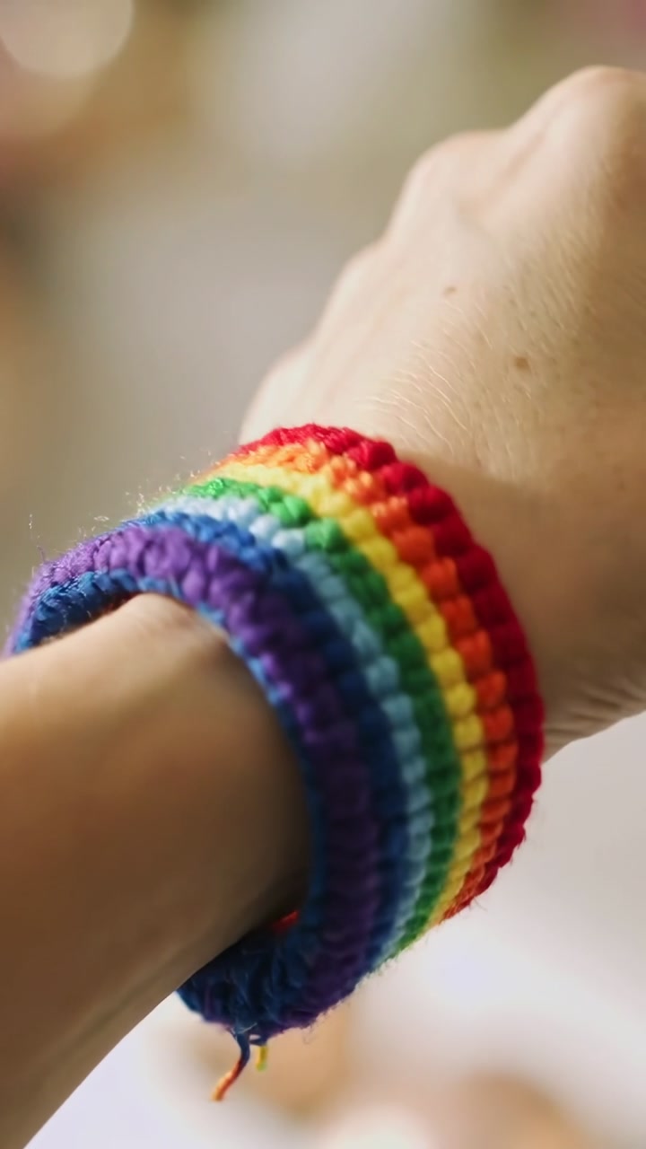 Vertical video: Wearer rotating wrist, wearing rainbow bracelets in warm room, showing loose thread