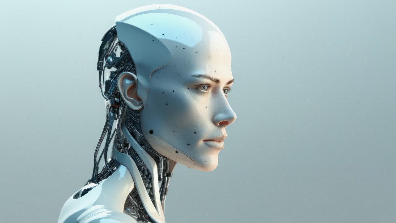 Close-up of a futuristic humanoid robot with a sleek metallic design, captured in a side profile