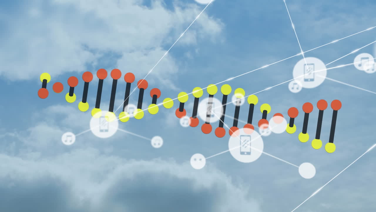 사람들, 아이콘, 그리고 하늘에서 회전하는 dna 의 연결망의 애니메이션