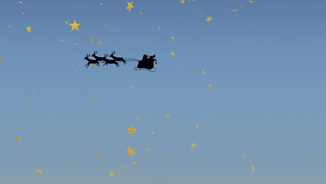 Animation-of-stars-and-santa-claus-in-sleigh-with-reindeer-on-blue-background-at-christmas