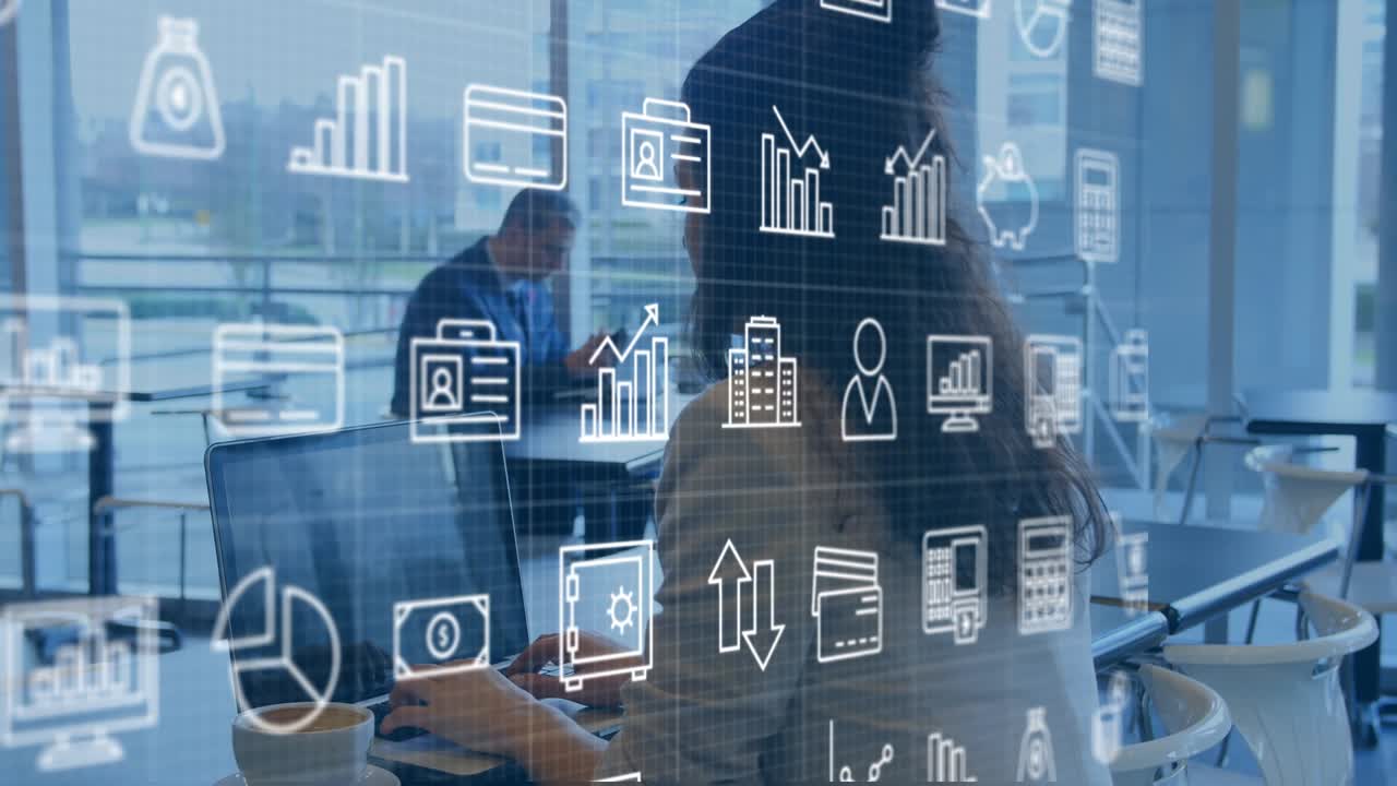 Animatie van zakelijke iconen over diverse zakenmensen op kantoor.