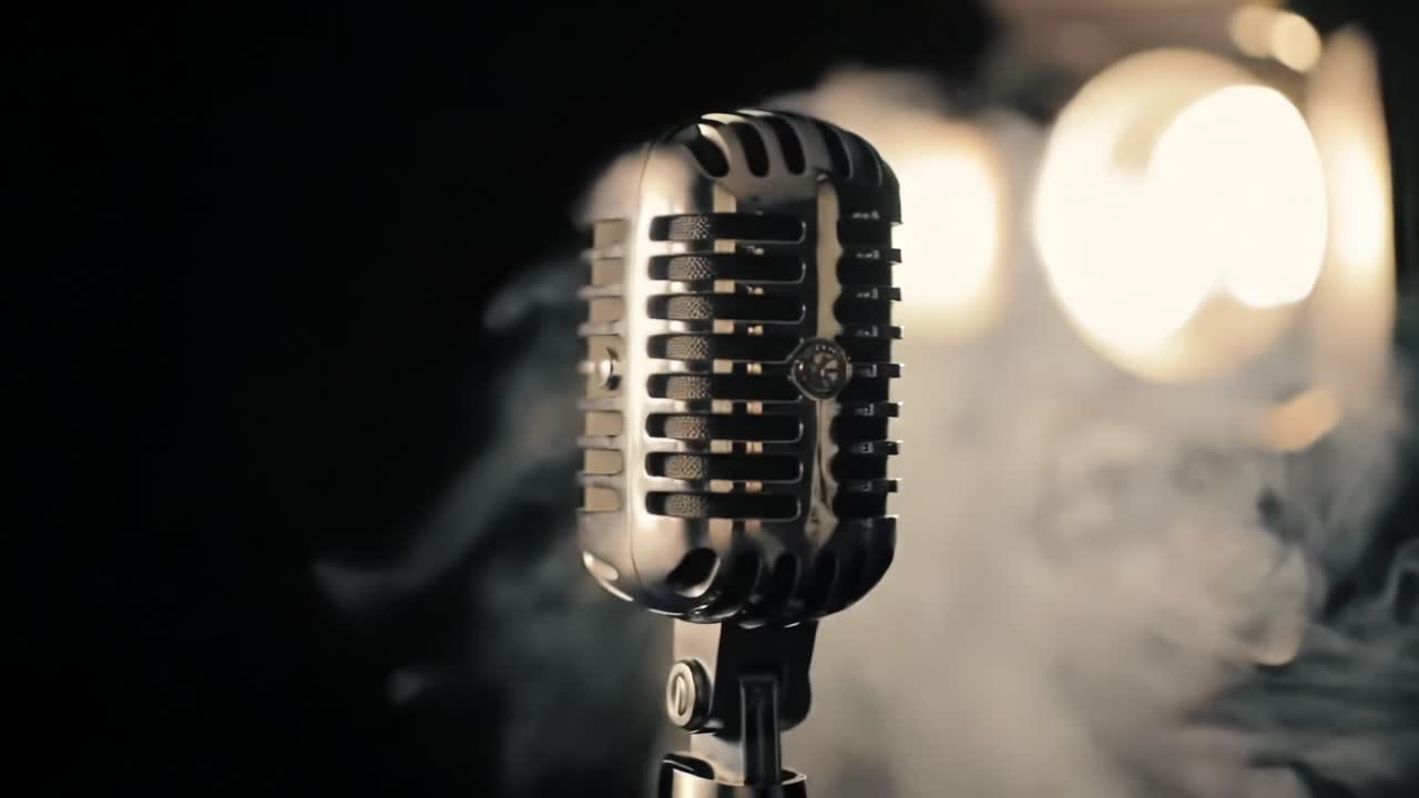 Captivating Vintage Microphone Surrounded by Soft Smoke and Gentle Light, Ready for Performances and Intent Listening, Evoking a Classic Musical Atmosphere