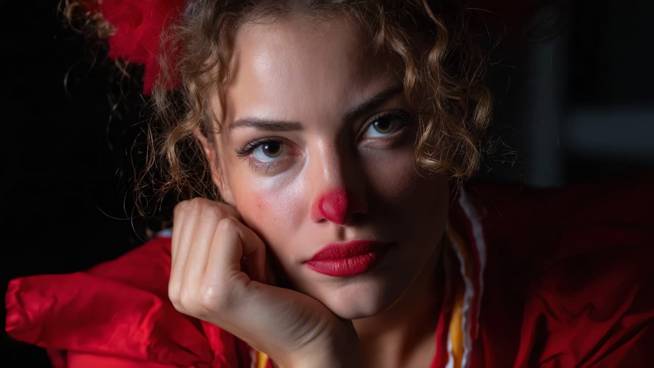 Un clown riflessivo con trucco vivace ed espressioni intense; cattura la profondità emotiva e la complessità dietro il sorriso dipinto in un ritratto drammatico