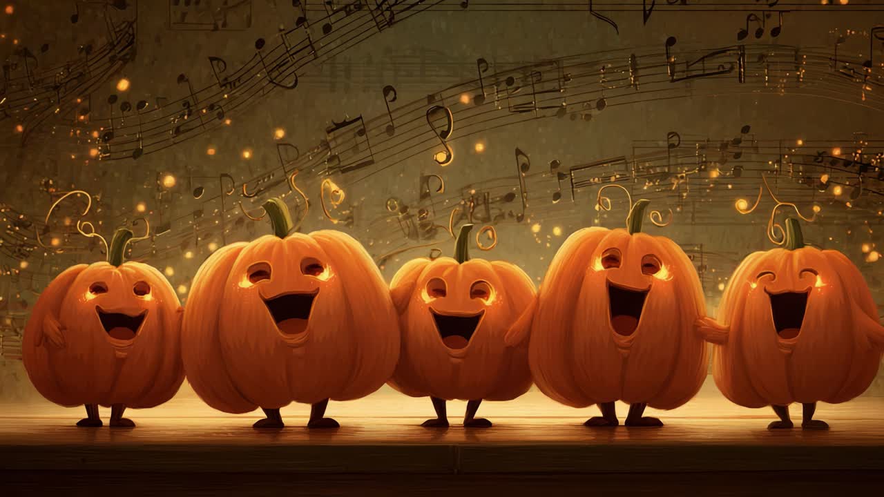 Cheerful Pumpkins Singing Together in a Joyful Display of Musical Harmony, Radiating Warmth and Light Against a Backdrop of Enchanted Melodies and Cheerful Atmosphere