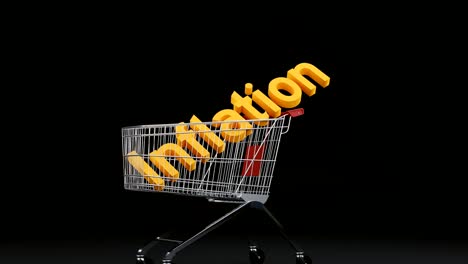 rodando el carrito de compras del supermercado. la palabra inflación cae desde arriba en el carrito.