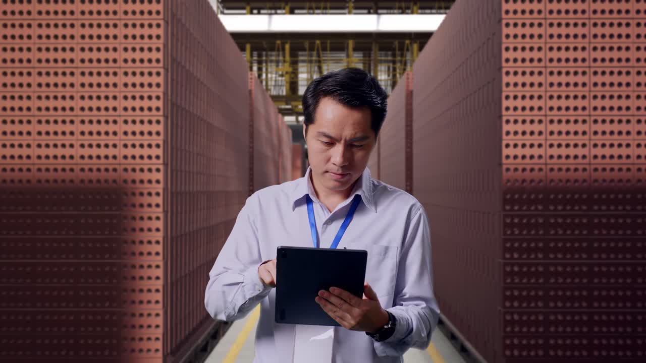 Worker inspecting inventory in a brick warehouse