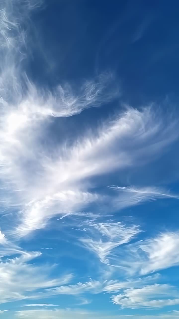 Video verticale: nuvola cirro piumosa che si sposta con filamenti tagliati dal vento su cielo blu