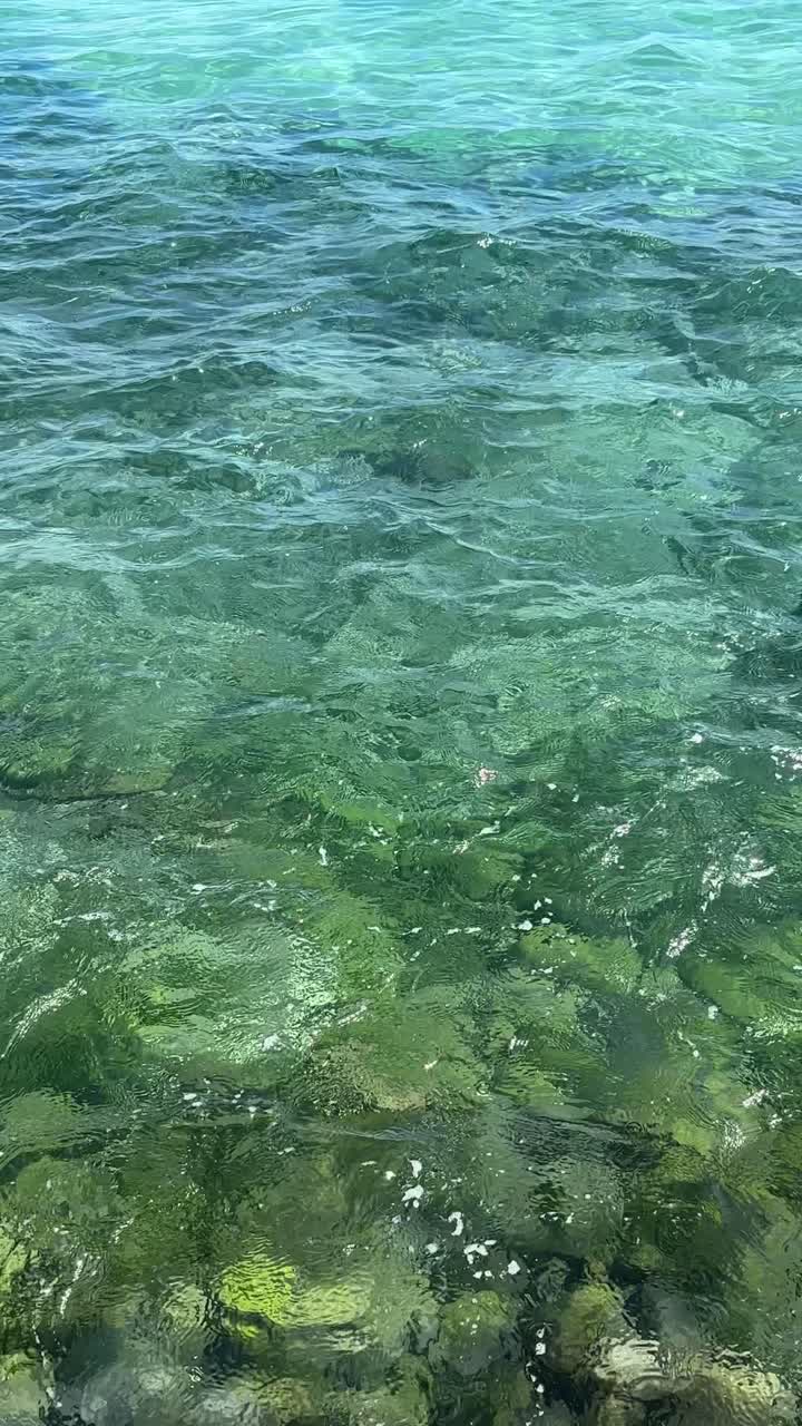 Acqua cristallina color turchese dell'oceano con scogli affioranti e onde dolci
