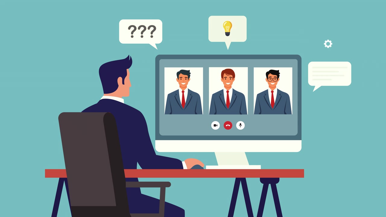 Animated Businessman Engaged in Online Video Conference Call