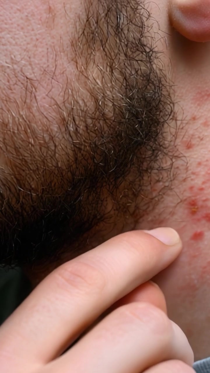 Um Exame Detalhado da Condição da Pele do Rosto: Foco em Áreas com Tendência à Acne, Crescimento da Barba e Interação Manual, Destacando o Cuidado Pessoal