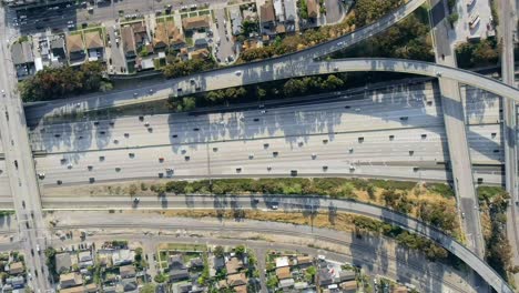 The-Judge-Harry-Pregerson-interchange-of-Interstate-110-and-I-105,-Los-Angeles,-California---aerial-straight-down-flyover