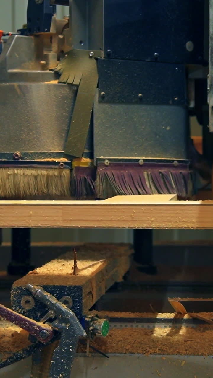 Massive automatic machine moves along the door billet. Automated equipment at door producing factory. Vertical video
