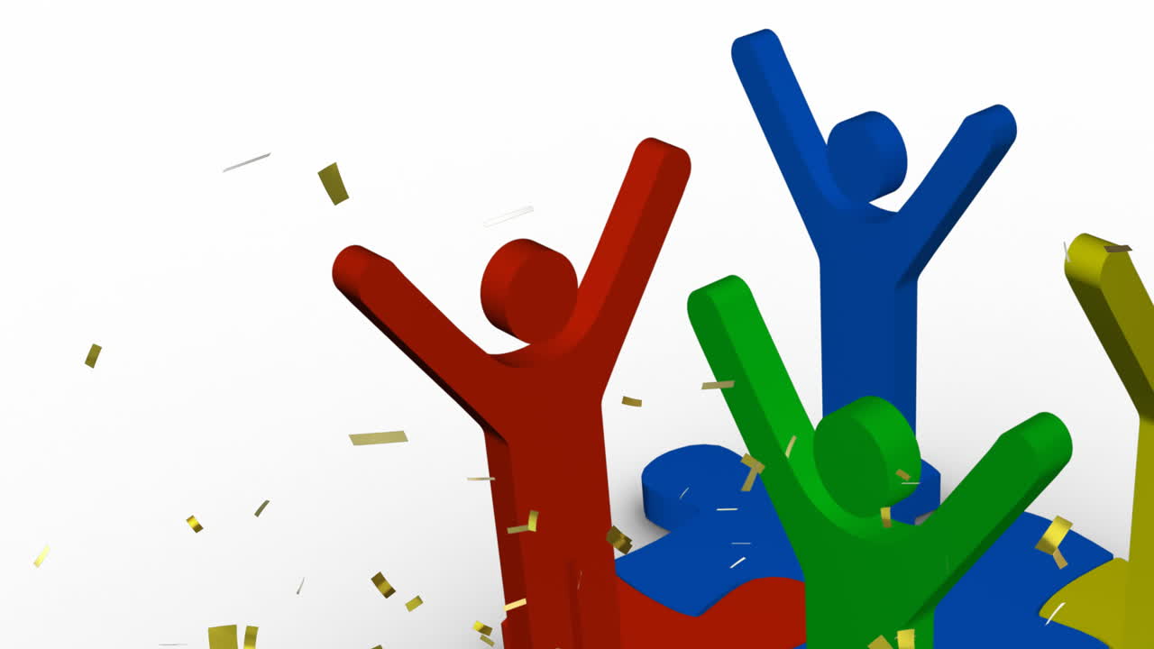 Animation of gold confetti falling over men and puzzle on white background