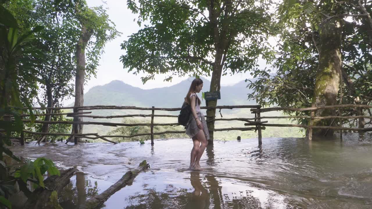 Hiking Woman Walking In The River, Slow Motion