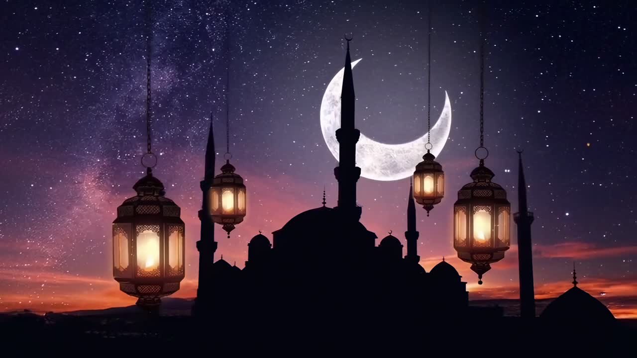 Silhouette di una moschea al tramonto con lanterne, luna crescente e stelle.