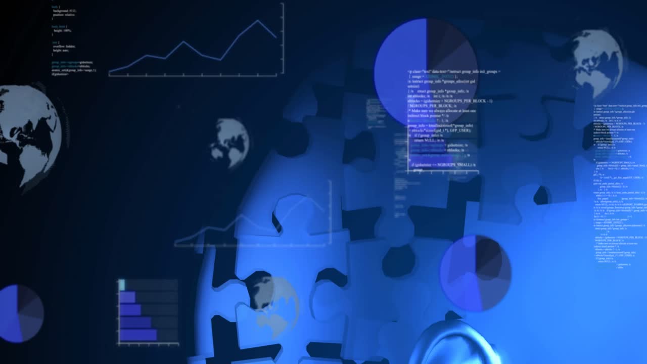 Animation of human head formed with blue puzzle pieces and data processing
