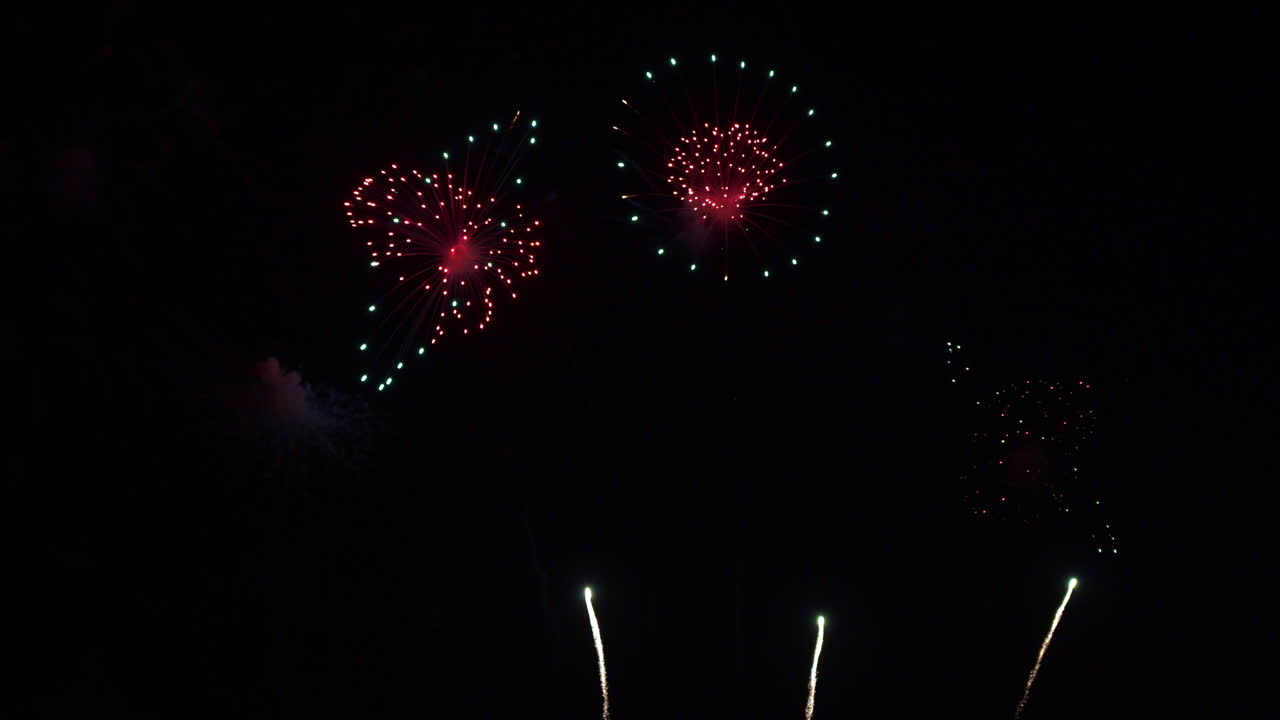 Independence Day Celebration Fireworks in Night Sky. Static Low Angle
