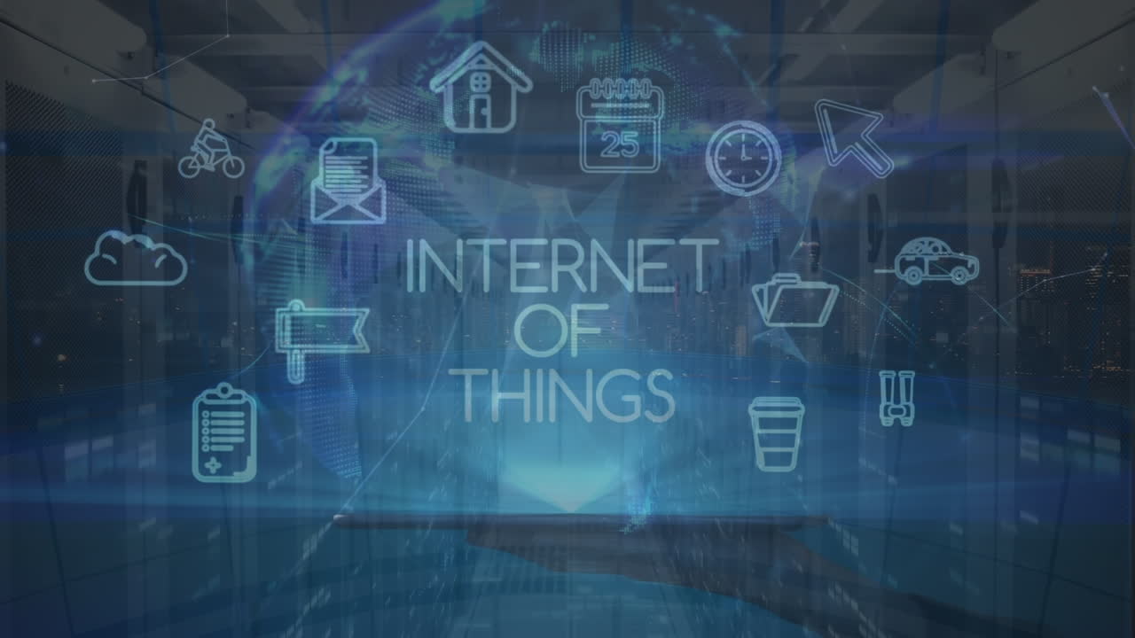 Animation of internet of things text and icons over server room