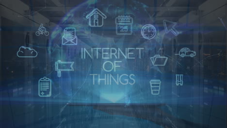 animación de texto e iconos de internet de las cosas en la sala del servidor