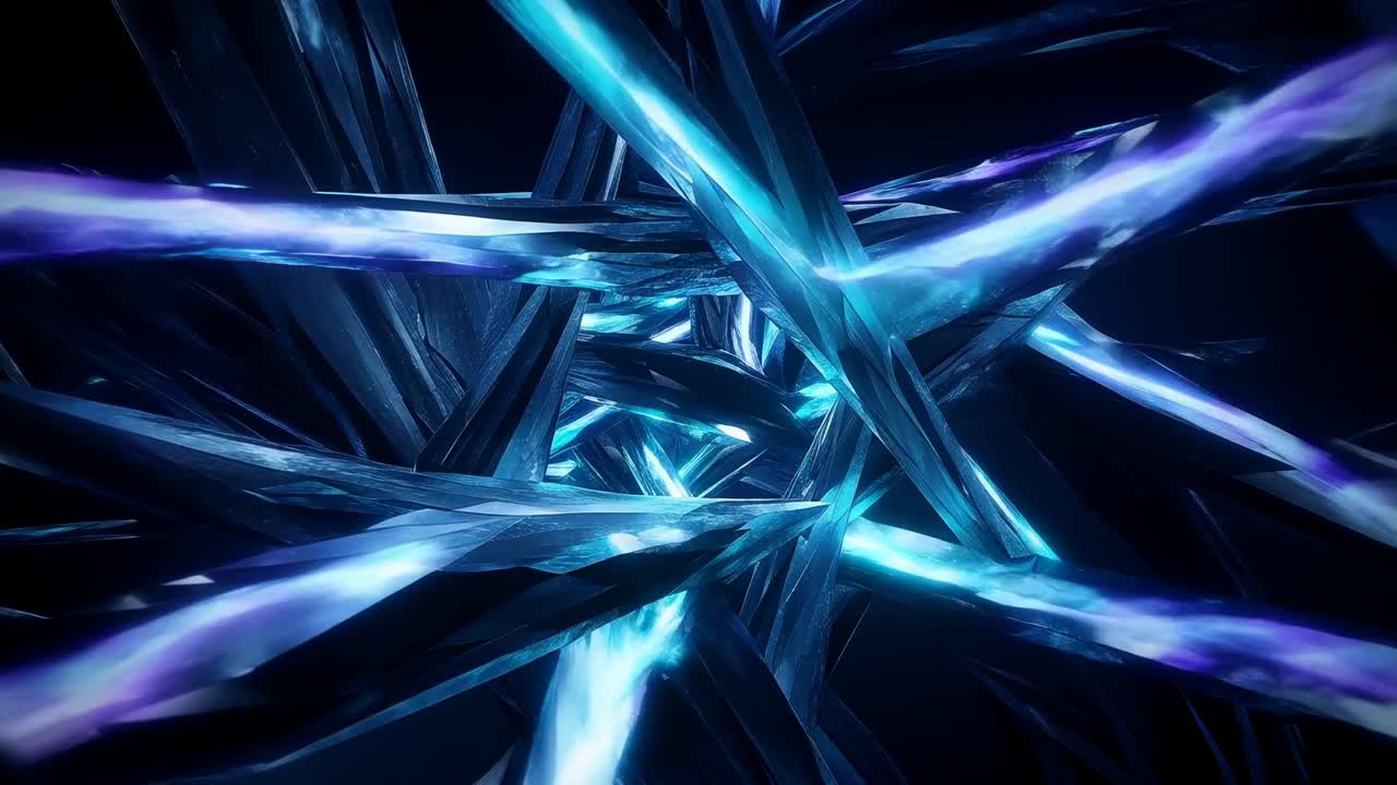 Playback starting, camera moving through crystal tunnel, revealing long shards glowing cyan purple