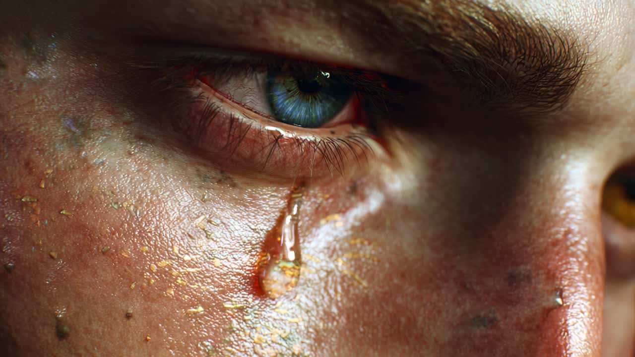 A close-up portrayal of emotional intensity captured in the eye of a person, showcasing the raw vulnerability expressed through tears cascading down their face in haunting detail