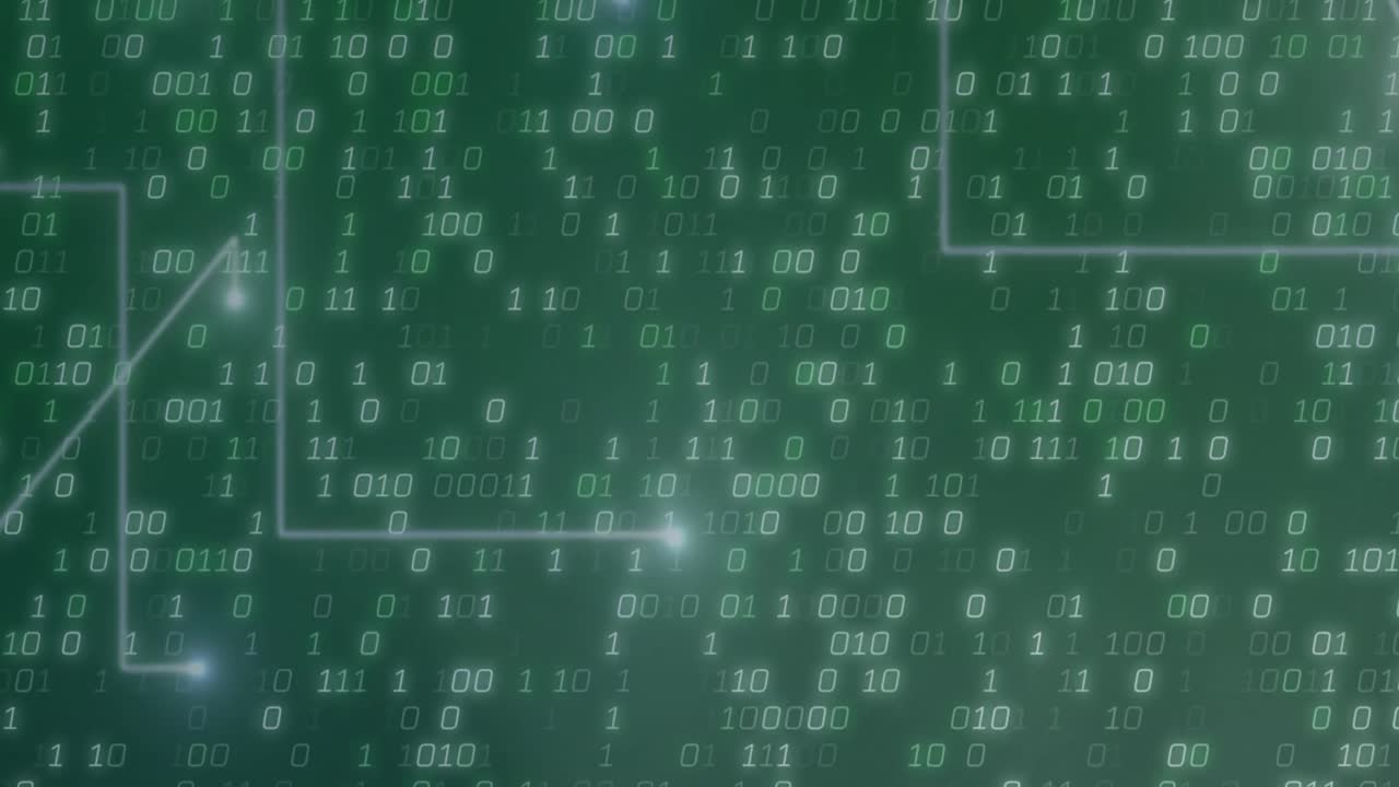 Animation of connecting dots and binary coding in seamless pattern against green background