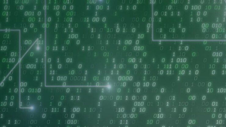 Animation of connecting dots and binary coding in seamless pattern against green background