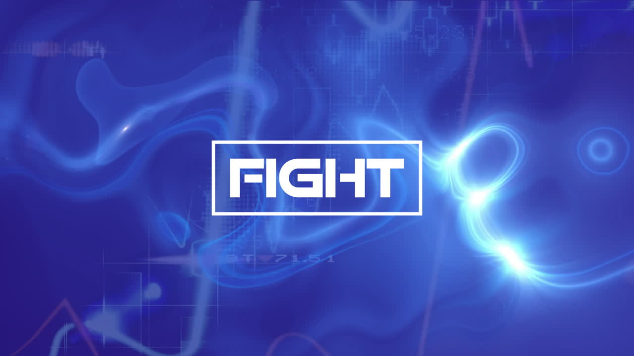 Fight text animation over abstract blue background with light effects and graphs