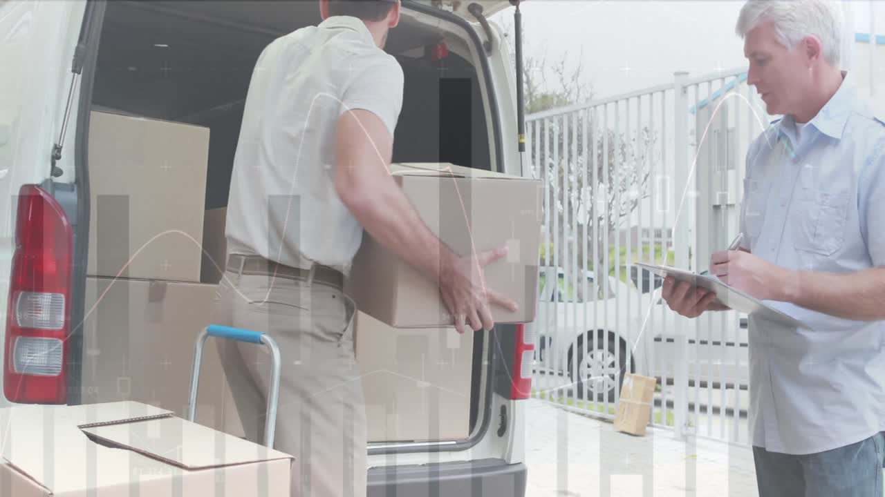 통계 및 금융 데이터 처리의 애니메이션 배달 남자와 밴