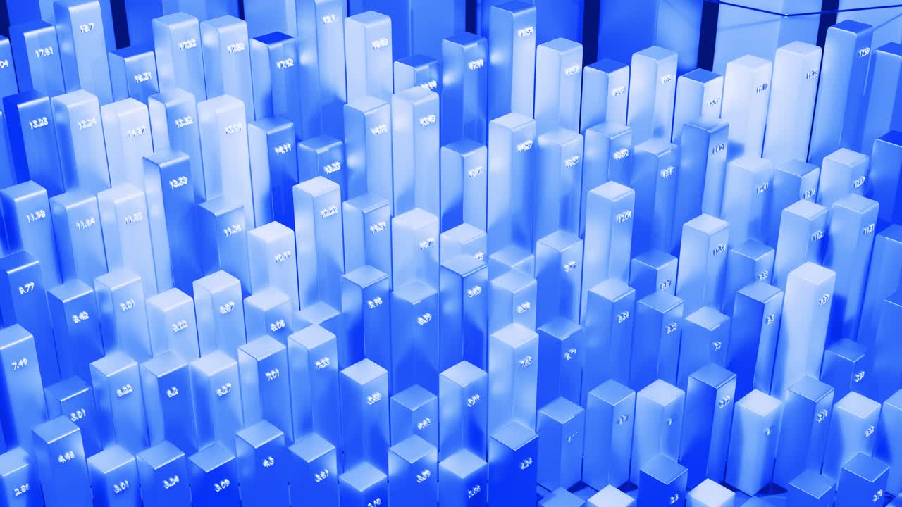 hermoso fondo azul para programas analíticos con infografías abstractas, datos estadísticos. barras, contadores y gráficos. columnas 3d se mueven suavemente arriba y abajo en bucle. fondo financiero