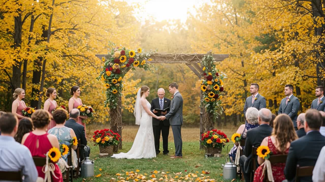 Romantic Outdoor Autumn Wedding Ceremony Amidst Golden Foliage and Sunflowers