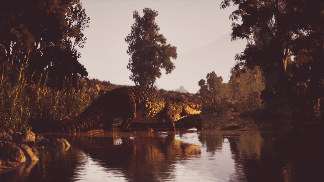 Crocodile exploring the calm waters at dusk near a lush riverbank