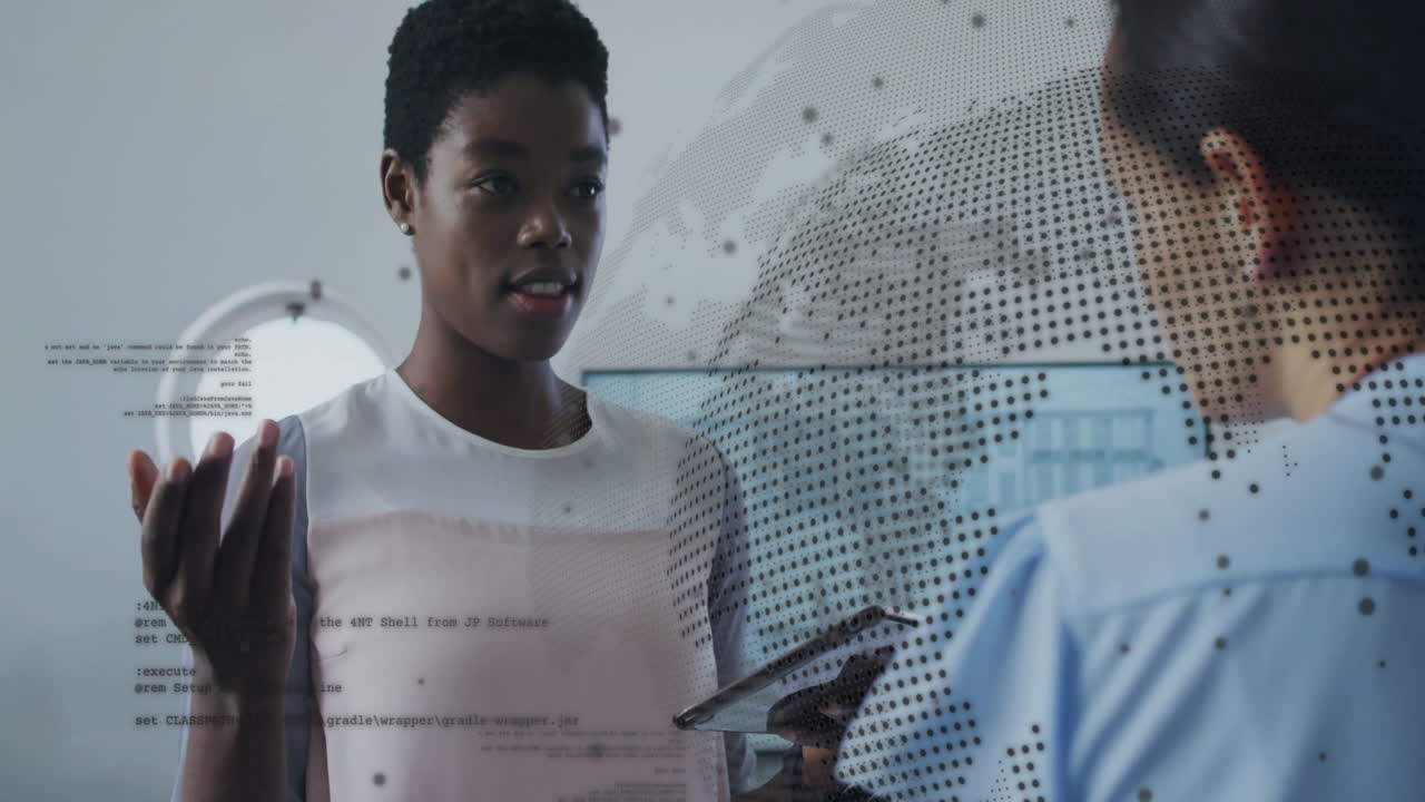 Animation of data processing and globe over diverse female colleagues discussing work in office