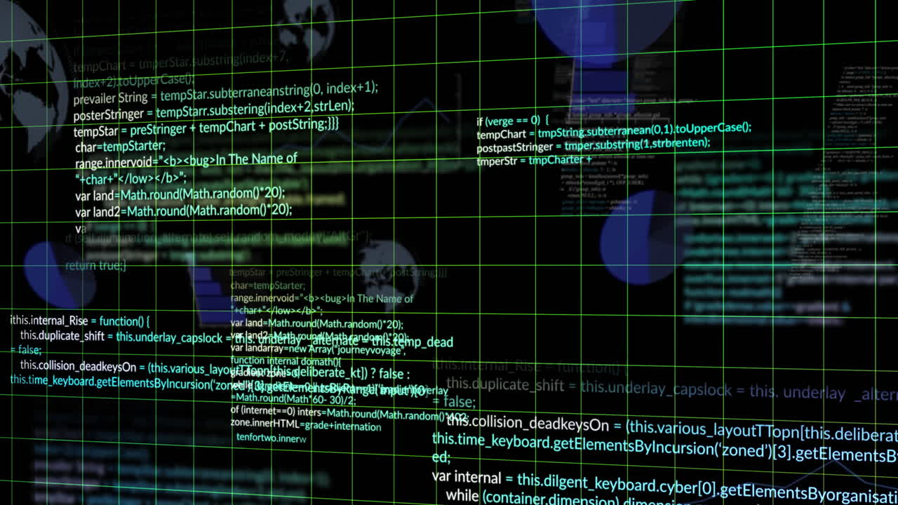 animación de lenguaje informático, globo terrestre y gráficos sobre fondo negro