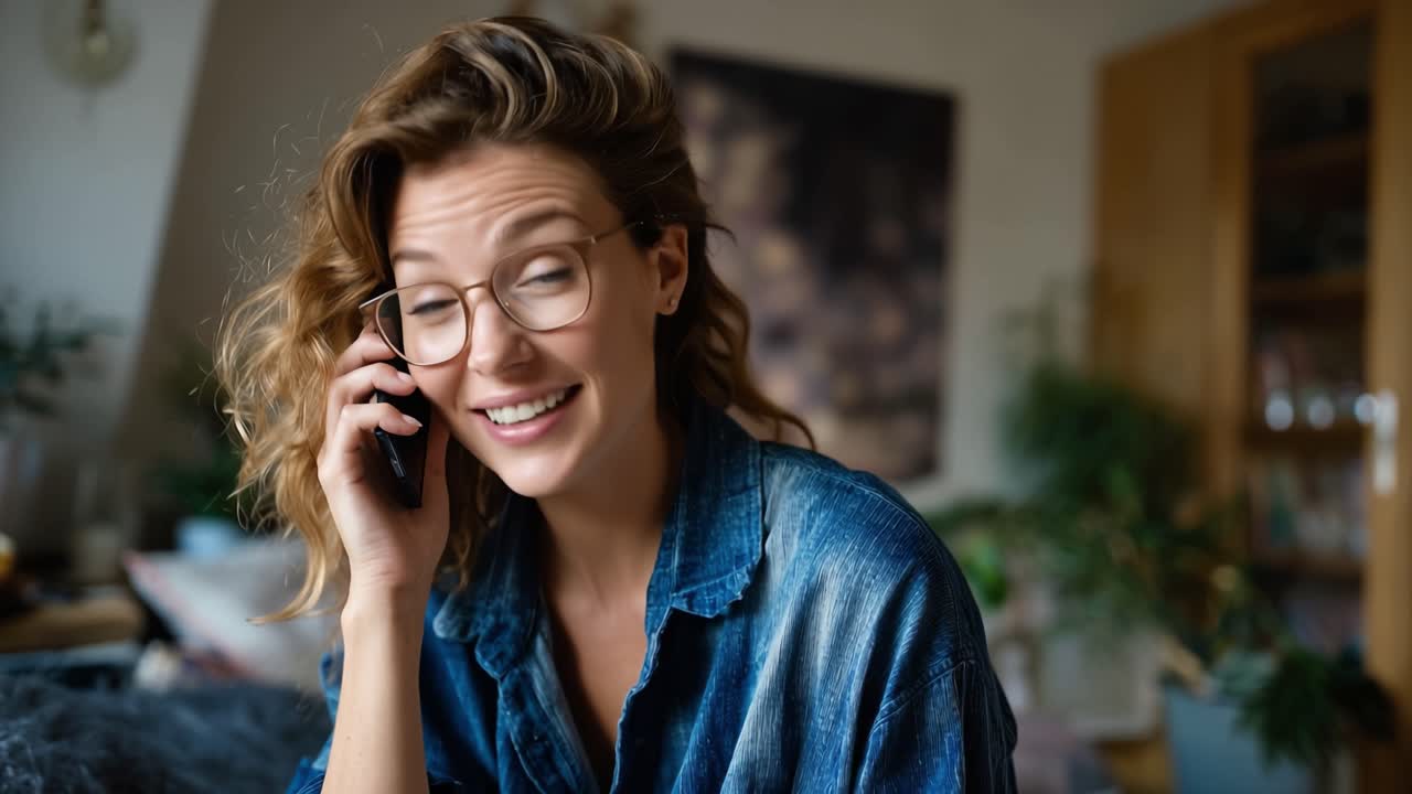 Woman on phone, smiling softly, thoughtful, at home. Glasses frame her thoughtful gaze, hair loose and tousled. Denim shirt and calm posture suggest casual, relaxed conversation